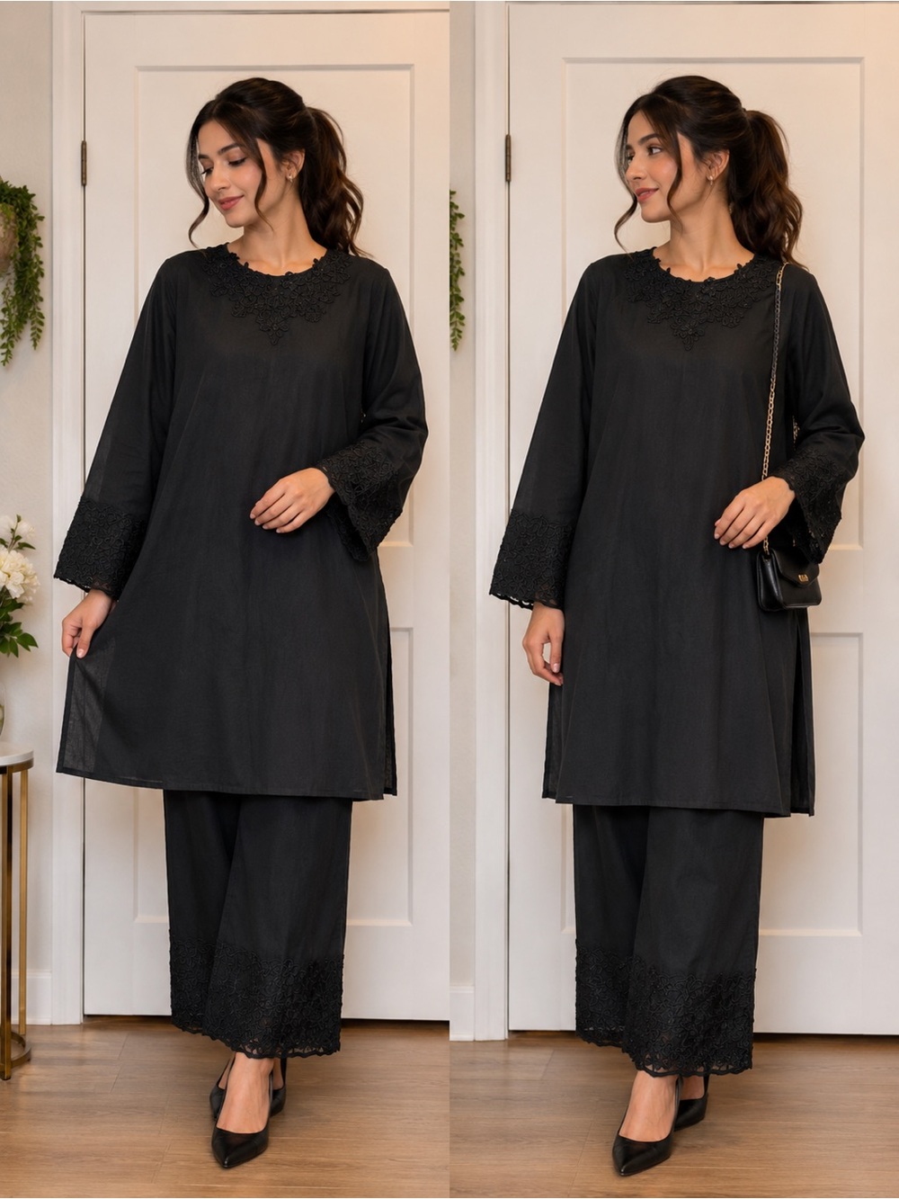 Ethnic Indian Wear Black Long Sleeve Women's Dress with Embroidered Cuffs